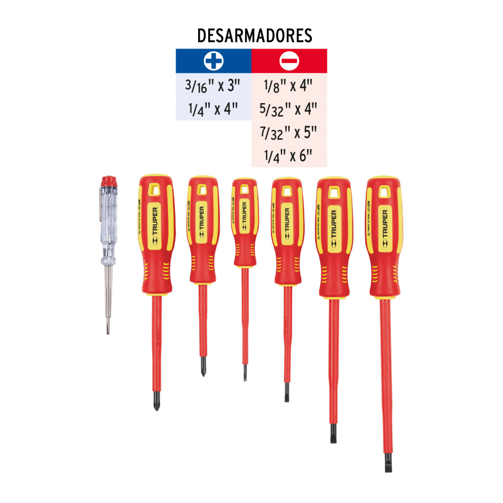 JUEGO 6 DESARMADORES DIELECTRICOS Y 1 PROBADOR DECORRIENTE MCA TRUPER MECANICA