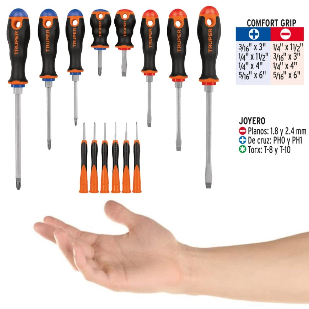 JUEGO DE 8 DESARMADORES MANGO COMFORT GRIP Y 6 DE JOYERO