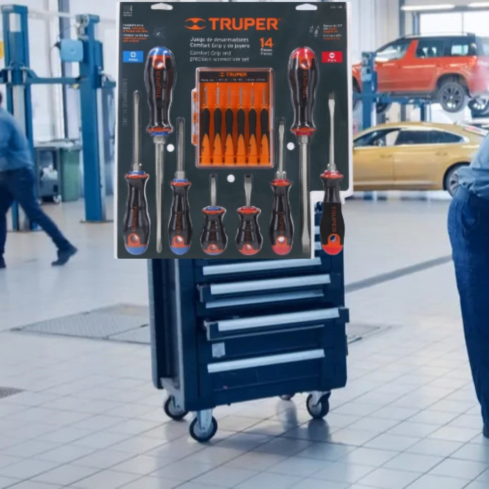 JUEGO DE 8 DESARMADORES MANGO COMFORT GRIP Y 6 DE JOYERO