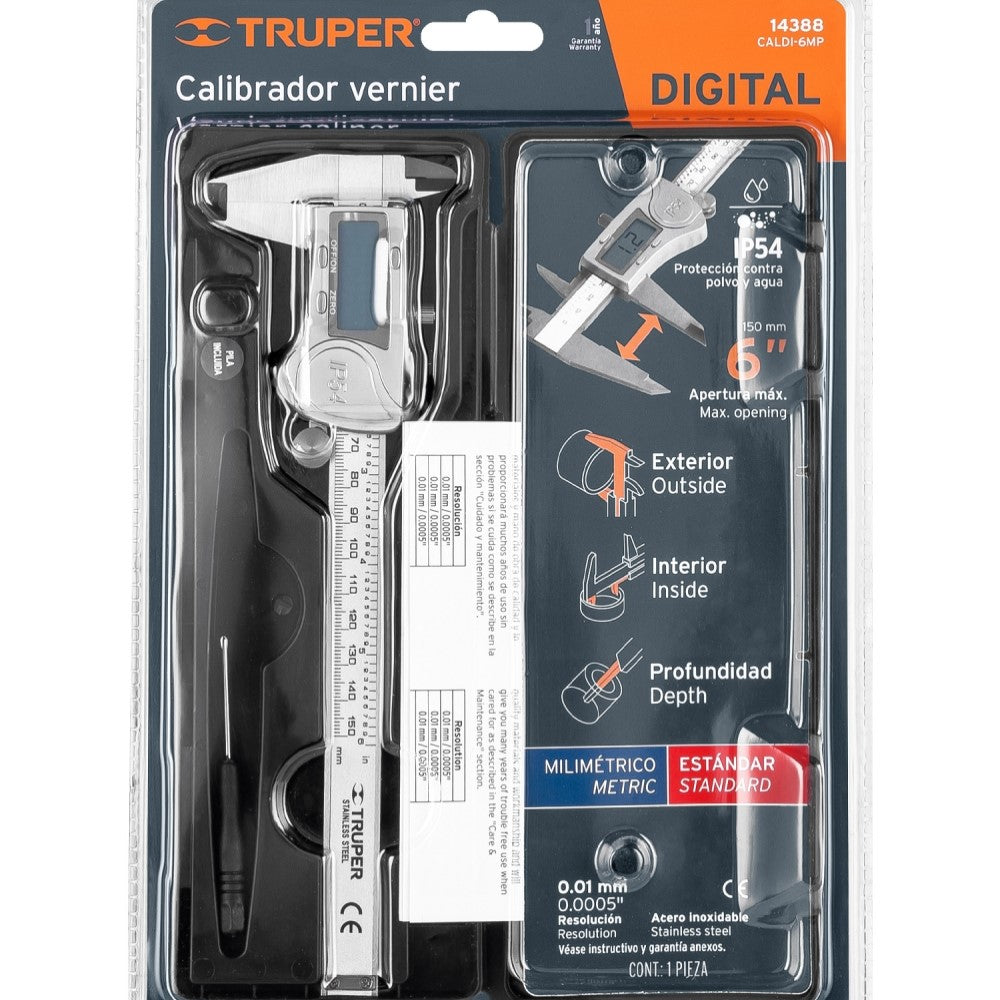 CALIBRADOR VERNIER DIGITAL TOLERANCIA 0.002"/0.05MM. CAP. MIN. 0.0005"/0.01MM. CAP. MAX. 6"/150MM. CALDI-6MP 14388 TRUPER