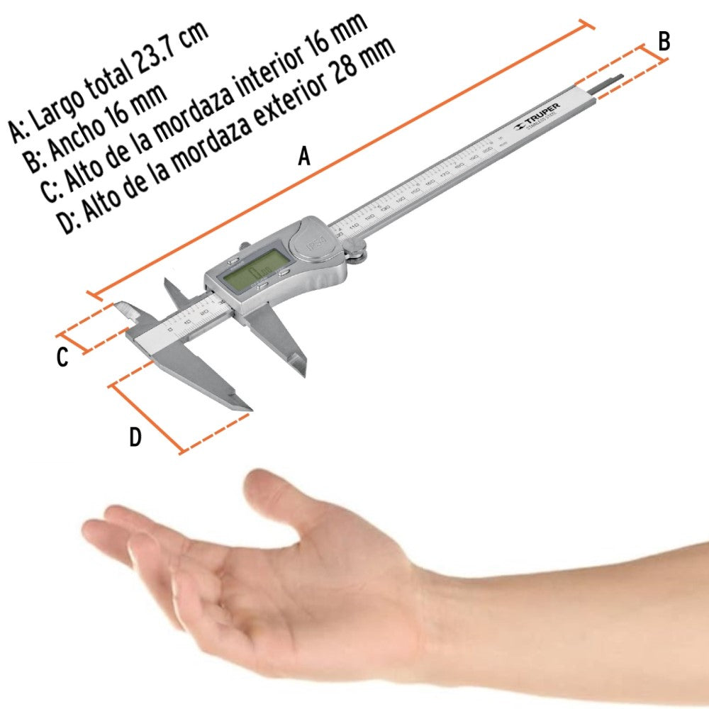 CALIBRADOR VERNIER DIGITAL TOLERANCIA 0.002"/0.05MM. CAP. MIN. 0.0005"/0.01MM. CAP. MAX. 6"/150MM. CALDI-6MP 14388 TRUPER