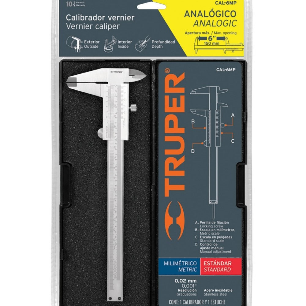 CALIBRADOR VERNIER ANALOGICO TOLERANCIA 0.002"/0.05MM. CAP. MIN. 0.001"/0.02MM. CAP. MAX. 6"/150MM. CAL-6MP 14394 TRUPER