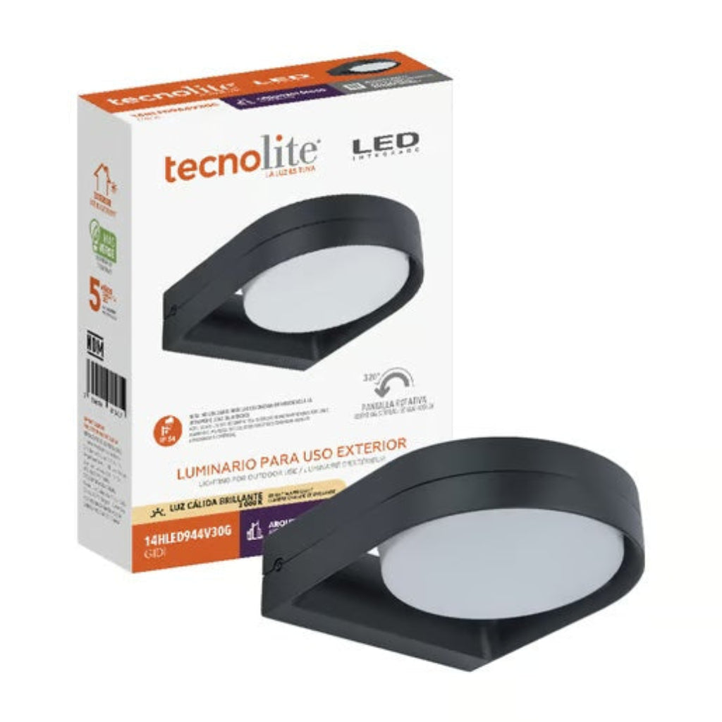LAMPARA DE PARED ARBOTANTE LED EXTERIOR 14 W LUZ CALIDA BRILLANTE DIRIGIBLE IP54 NO ATENUABLE