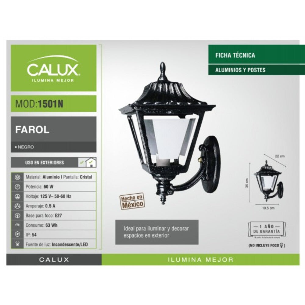 FAROL S/VASTAGO PARED 1 LUZ 60W MAX E26 CHICO NEGRO CALUX