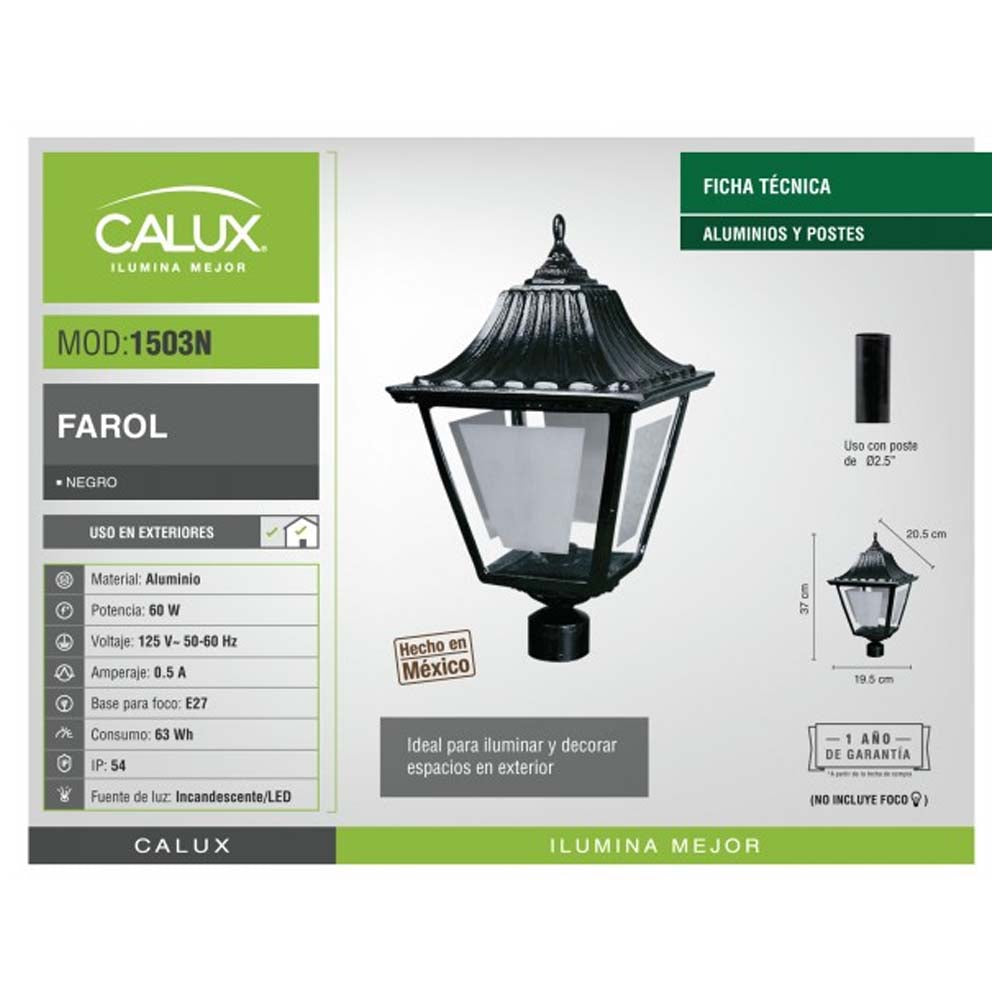 FAROL PUNTA POSTE 60W MAX E26 CHICO NEGRO CALUX