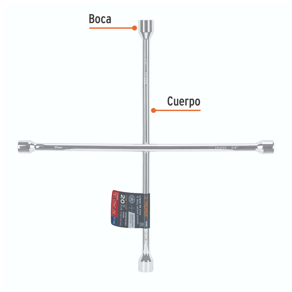 LLAVE CRUZ P/AUTO 20" (TAM. BOCAS 17MM.-3/4"-13/16"-7/8") LLCR-20 15481 TRUPER