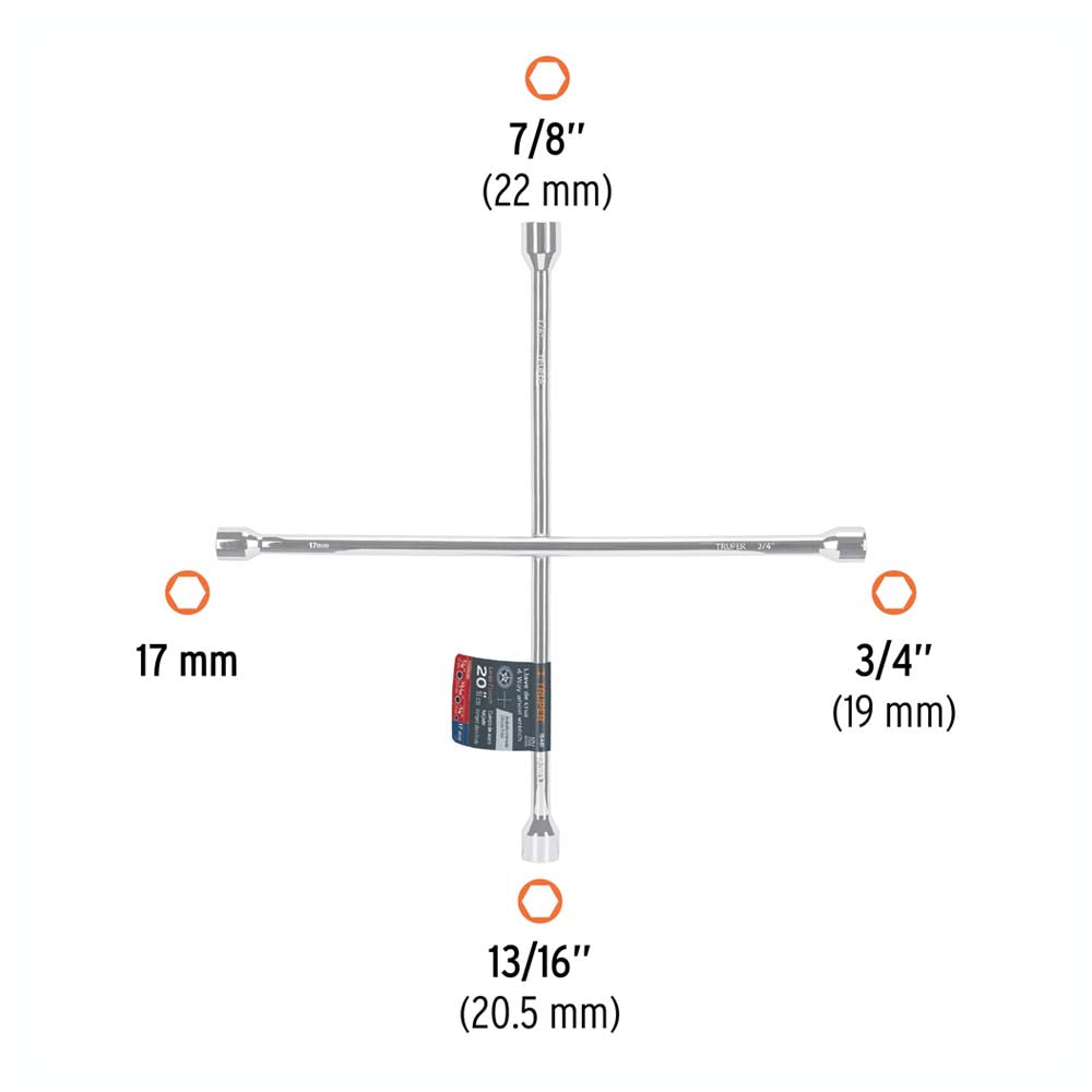 LLAVE CRUZ P/AUTO 20" (TAM. BOCAS 17MM.-3/4"-13/16"-7/8") LLCR-20 15481 TRUPER