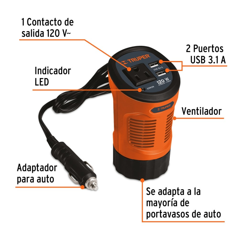 INVERSOR DE CORRIENTE 120W. TIPO VASO 2 USB INCO-120 15725