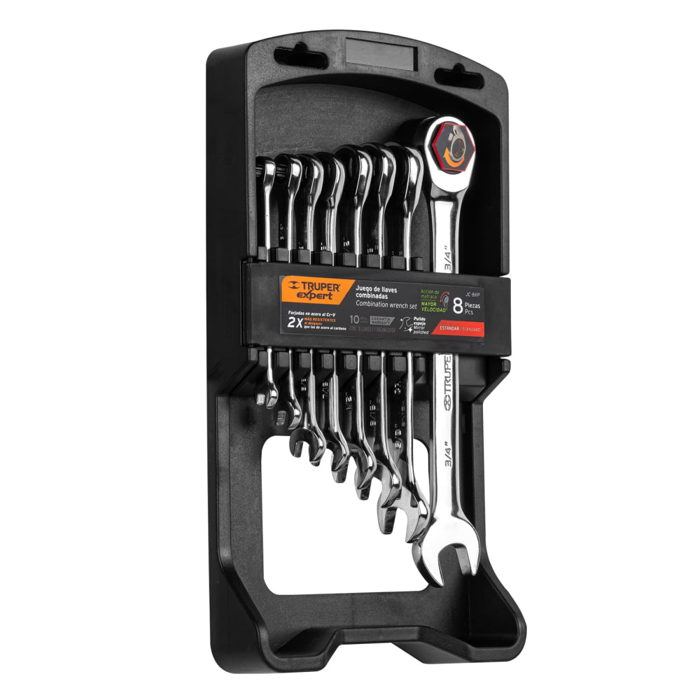JUEGO DE 8 LLAVES COMBINADAS STD PULIDAS CON MATRACA EXPERT JC-8XP