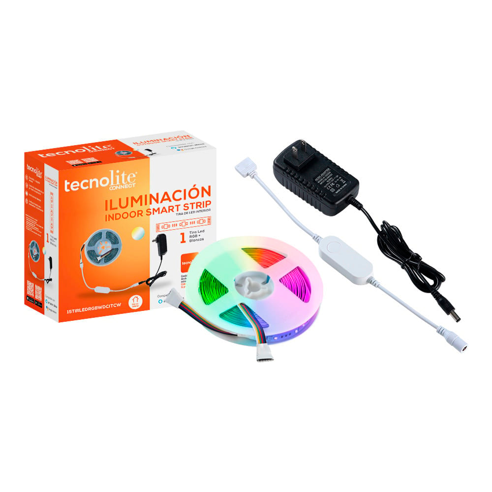 TIRA LED TECNOLITE 15W LUZ RGB Y BLANCA DE INTERIOR COMPATIBLE CON APP MÓVIL Y ASISTENTES DE VOZ