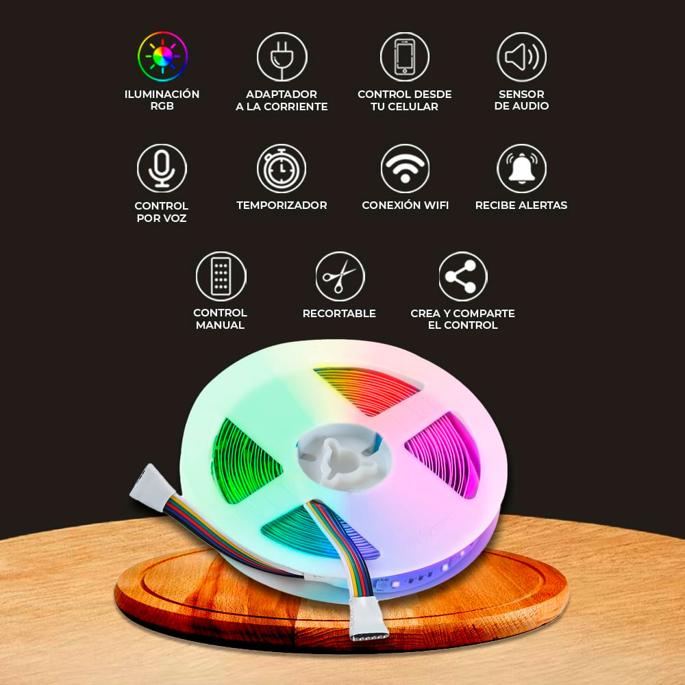 TIRA LED TECNOLITE 15W LUZ RGB Y BLANCA DE INTERIOR COMPATIBLE CON APP MÓVIL Y ASISTENTES DE VOZ