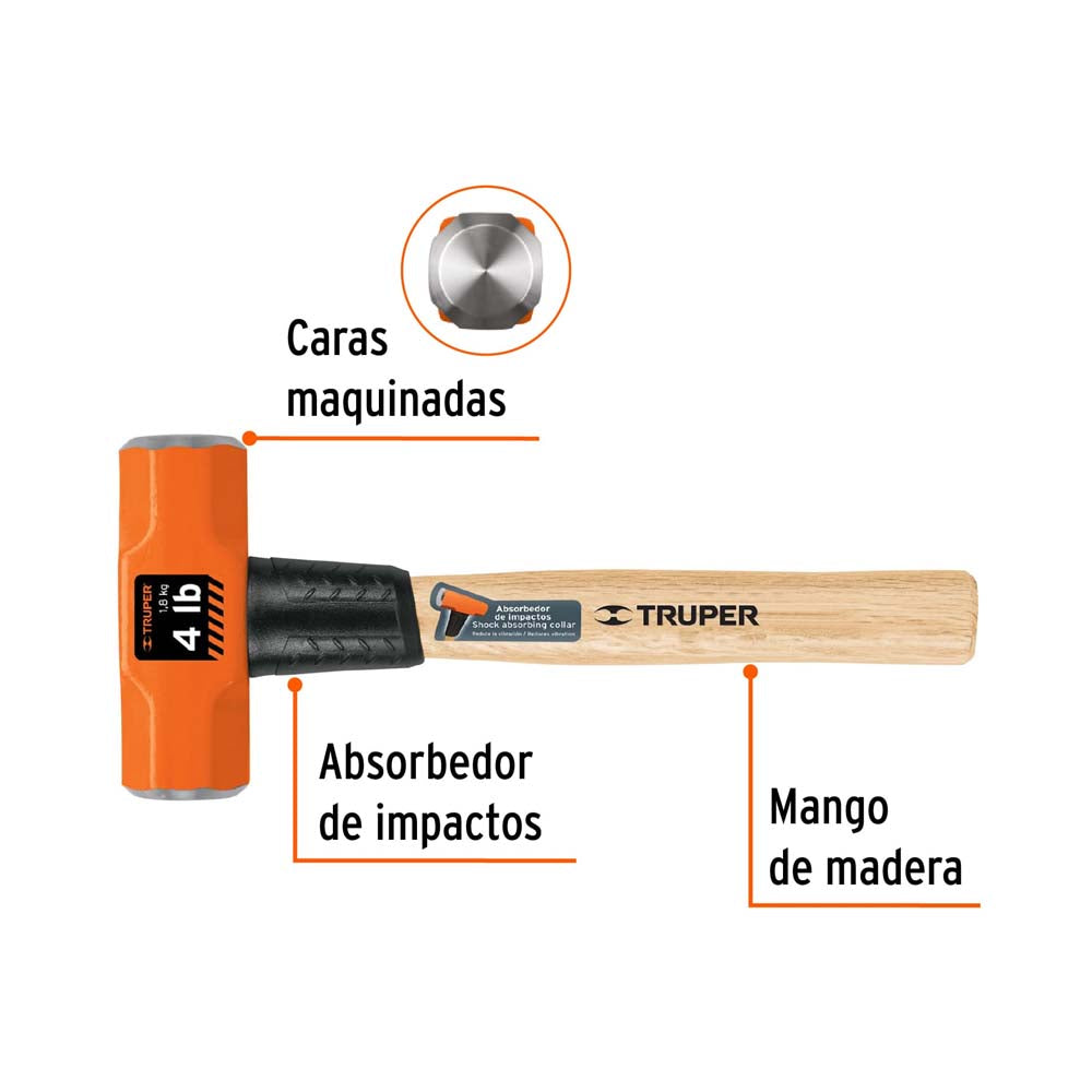 MARRO OCTAGONAL 4 LB.(1.8KG.) MANGO DE MADERA 12" (30CMS.) MD-4M 16508 TRUPER *** OFRECER MARR4 ***