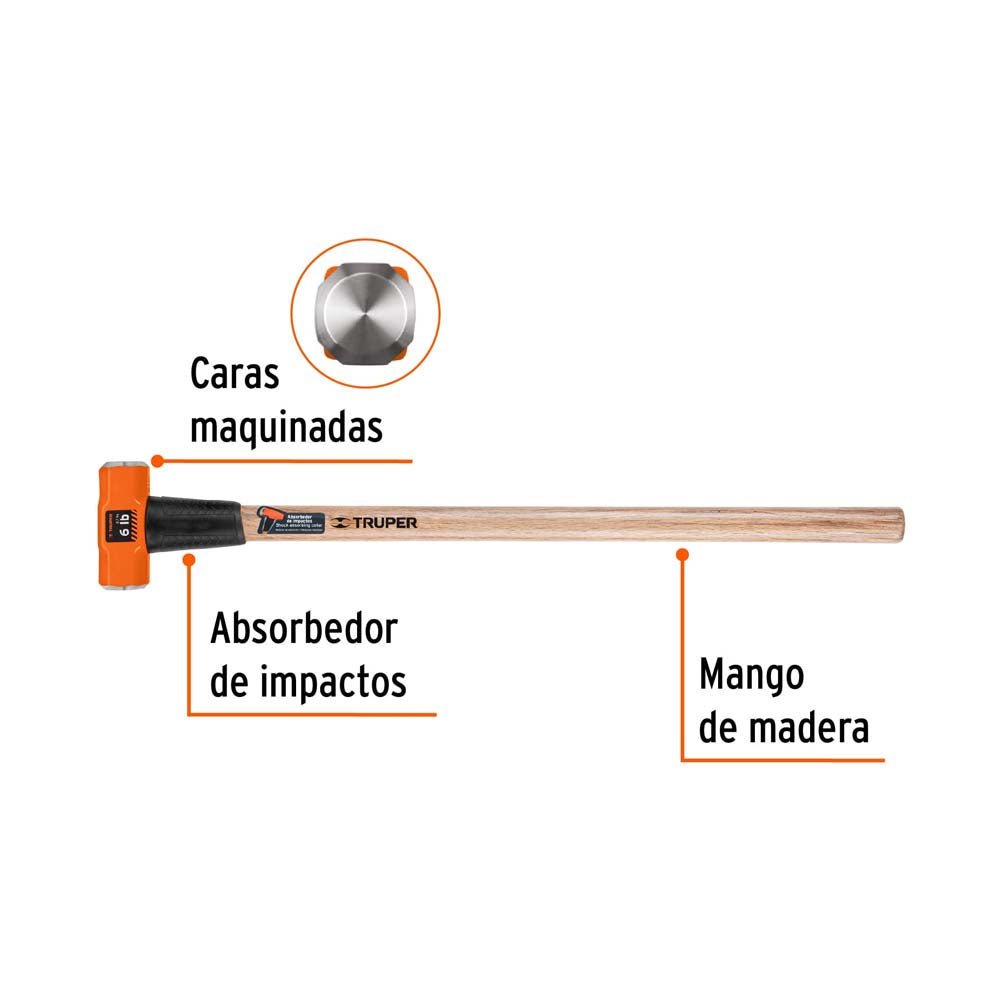 MARRO OCTAGONAL 6 LB.(2.7KG.) MANGO DE MADERA 36" (90CMS.) MD-6M 16509 TRUPER *** OFRECER 1436G ***