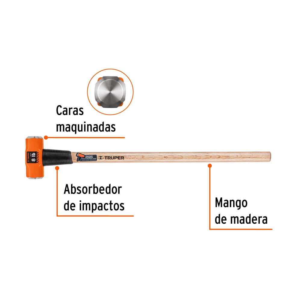 MARRO OCTAGONAL 8 LB.(3.6KG.) MANGO DE MADERA 36" (90CMS.) MD-8M 16511 TRUPER *** OFRECER 1437G ***