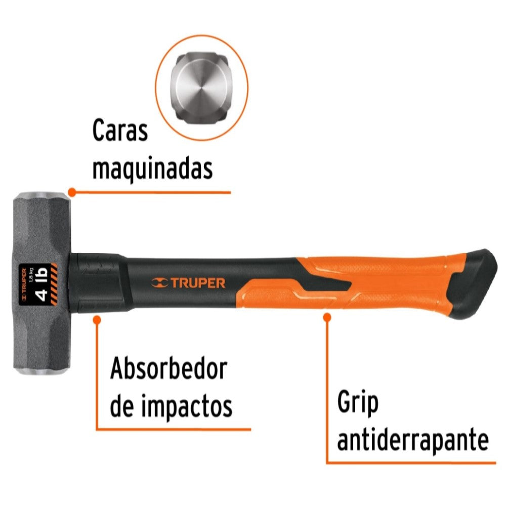 MARRO OCTAGONAL 4 LB.(1.8KG.) MANGO DE FIBRA DE VIDRIO 14" (35CMS.) MD-4F 16536 TRUPER *** OFRECER 1435GFV ***