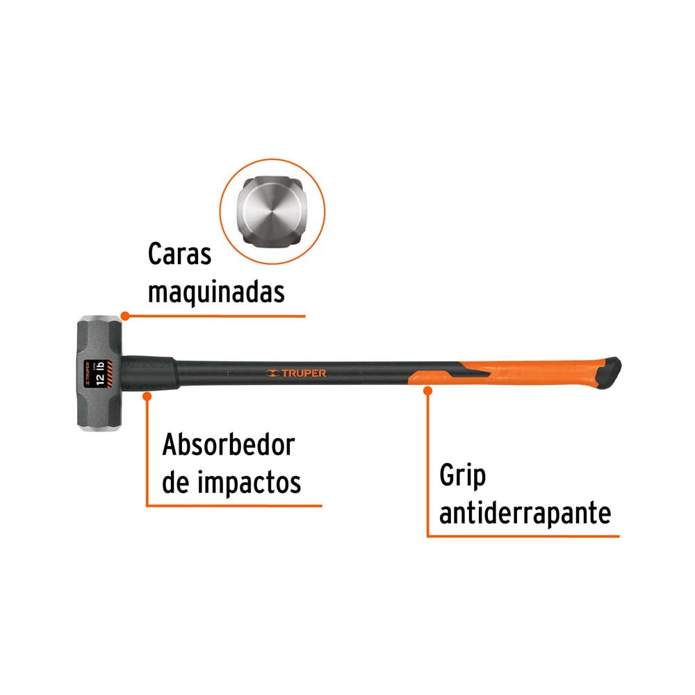 MARRO OCTAGONAL 12 LB.(5.4KG.) MANGO DE FIBRA DE VIDRIO 36" (90CMS.) MD-12F 16542 TRUPER *** OFRECER 1439GFV ***