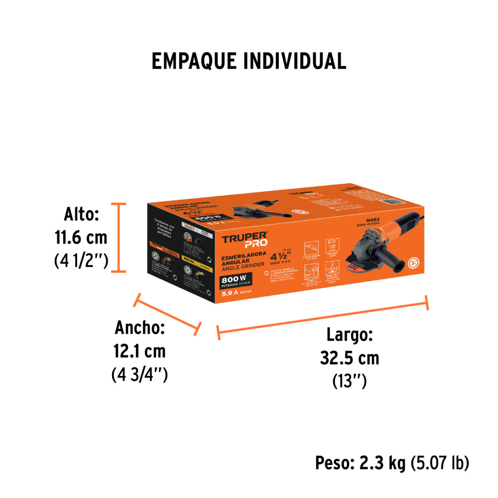 ESMERILADORA ANGULAR 4-1/2" PROFESIONAL 800 W MCA TRUPER *** OFRECER EA404C ***