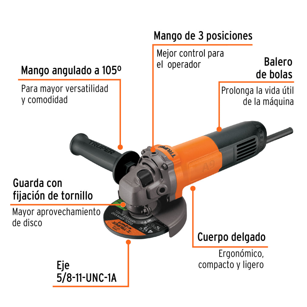 ESMERILADORA ANGULAR 4-1/2" PROFESIONAL 800 W MCA TRUPER *** OFRECER EA404C ***