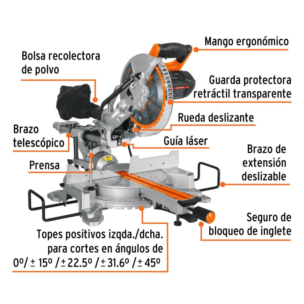 SIERRA DE INGLETE 10" DE 1900W TELESCOPICA COMPUESTA TRUPER