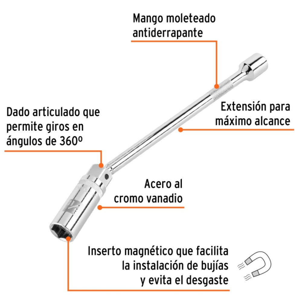 DADO P/BUJIA 5/8" ARTICULADO C/EXTENSION CUADRO 3/8" LARGO 10" 16896 D-3820-BE10 TRUPER