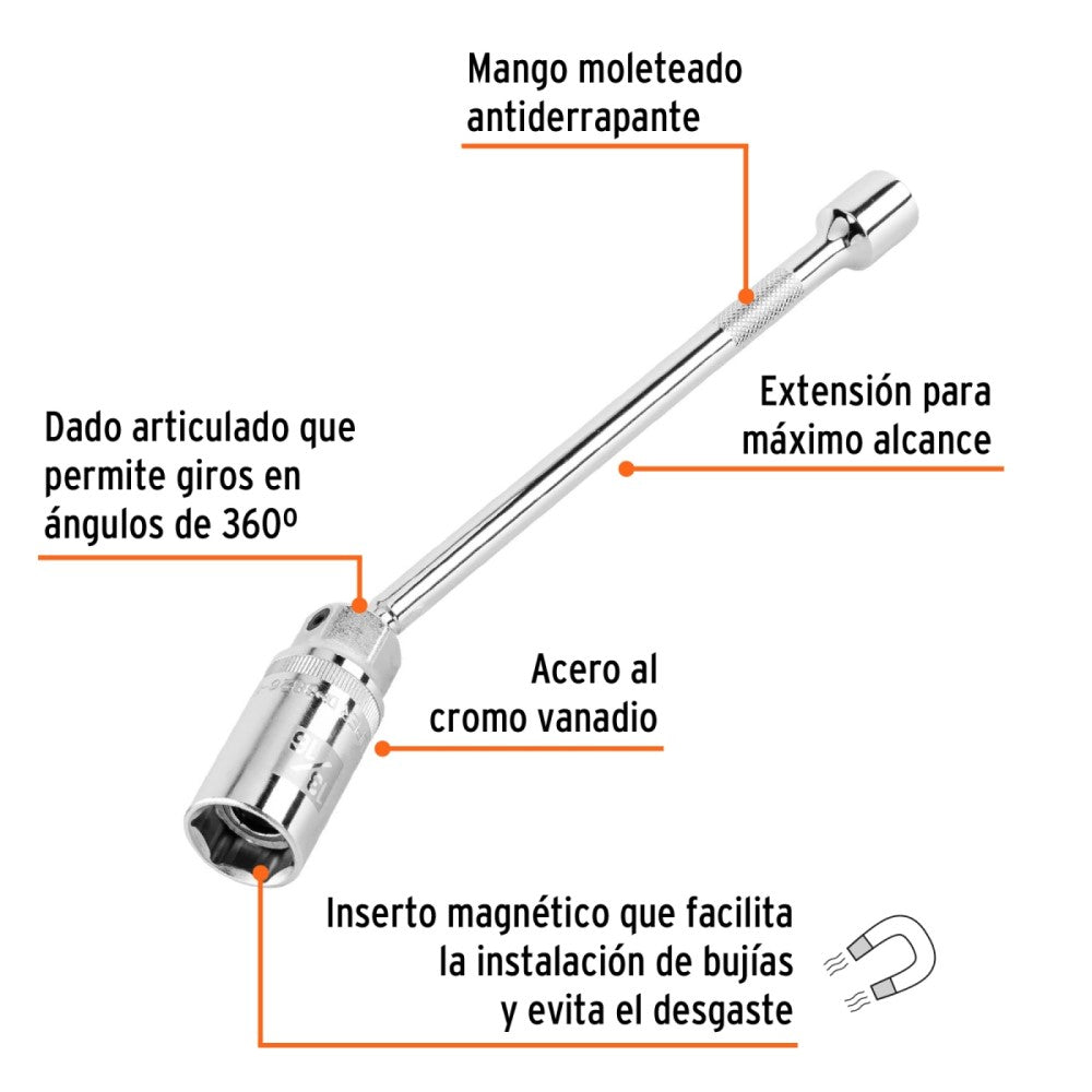 DADO P/BUJIA 13/16" ARTICULADO C/EXTENSION CUADRO 3/8" LARGO 10" 16897 D-3826-BE10 TRUPER