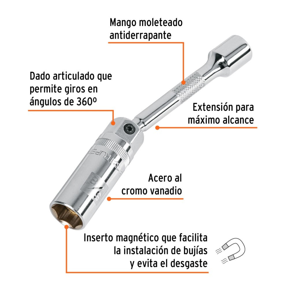 DADO P/BUJIA 5/8" ARTICULADO C/EXTENSION CUADRO 3/8" LARGO 6" 16898 D-3820-BE6 TRUPER
