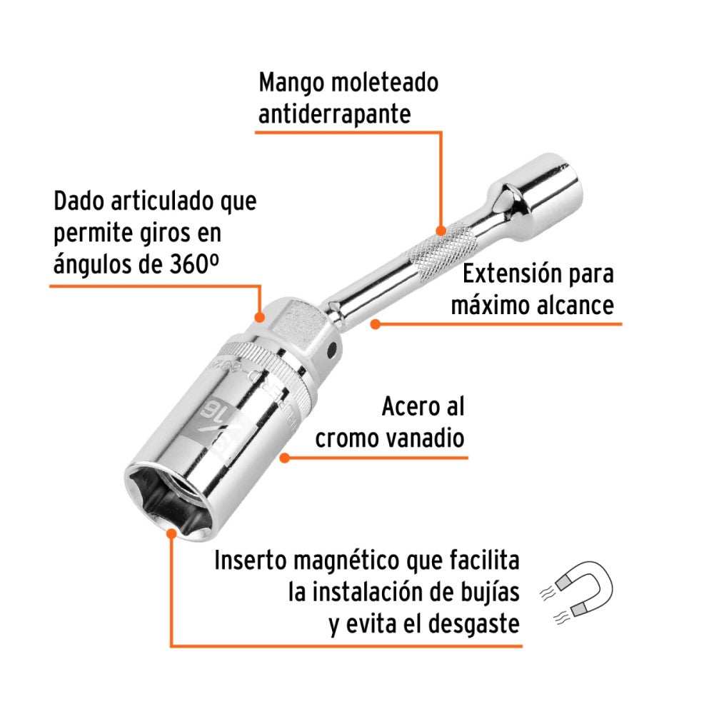 DADO P/BUJIA 13/16" ARTICULADO C/EXTENSION CUADRO 3/8" LARGO 6" 16899 D-3826-BE6 TRUPER