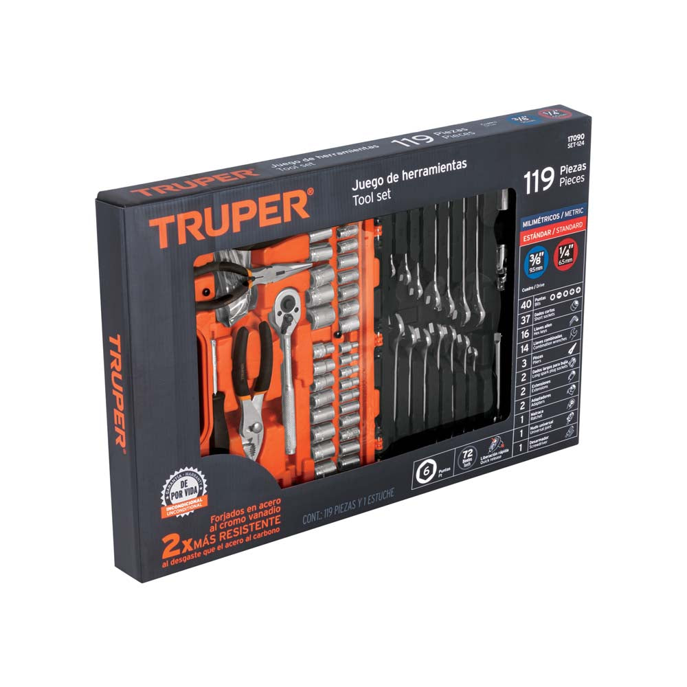 ESTUCHE PLASTICO JGO 119 PZAS. (DADOS-PINZAS-LLAVES) 17090 SET-124 TRUPER MECANICA