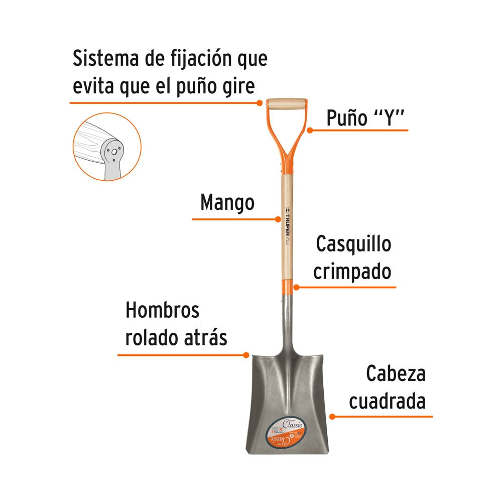 PALA CLASSIC CUADRADA PUÑO "Y" MANGO 31"  TRUPER CONSTRUCCION