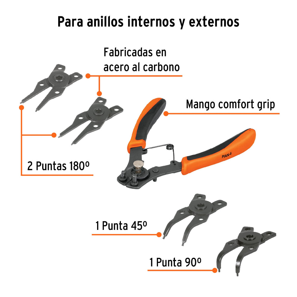 PINZA P/ANILLOS DE RETENCION C/4 CABEZAS INTERCAMBIABLES PIAN-4 17355 TRUPER MECANICA