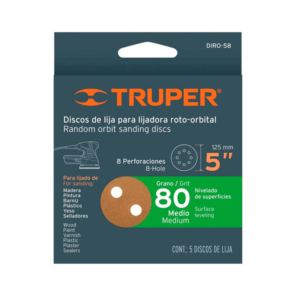 CAJA CON 5 DISCOS DE LIJA 5" GRANO 80 MEDIO PARA LIJADORA ROTO-ORBITAL DIRO-58 17942 TRUPER