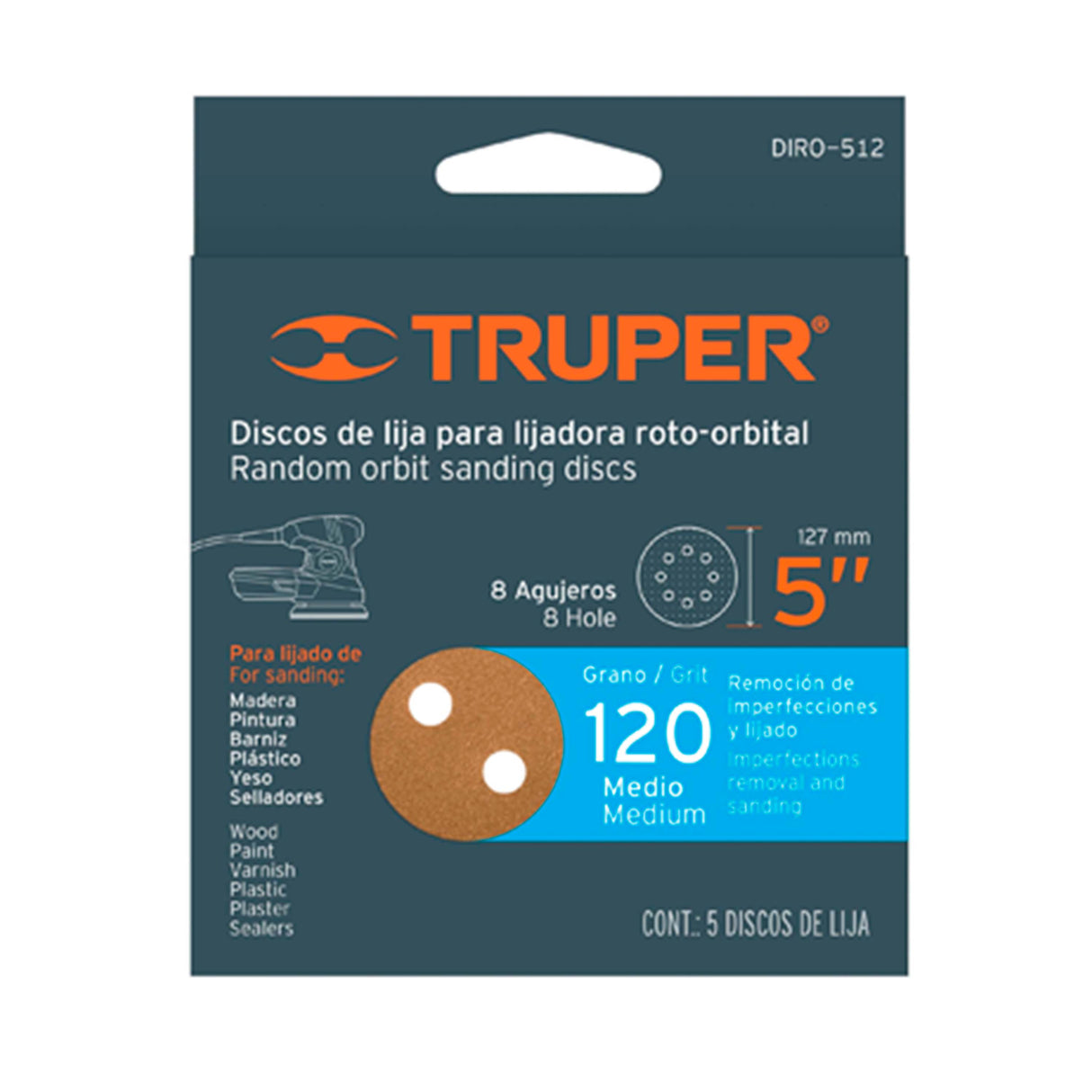 CAJA CON 5 DISCOS DE LIJA 5" GRANO 120 FINO PARA LIJADORA ROTO-ORBITAL DIRO-512 17950 TRUPER