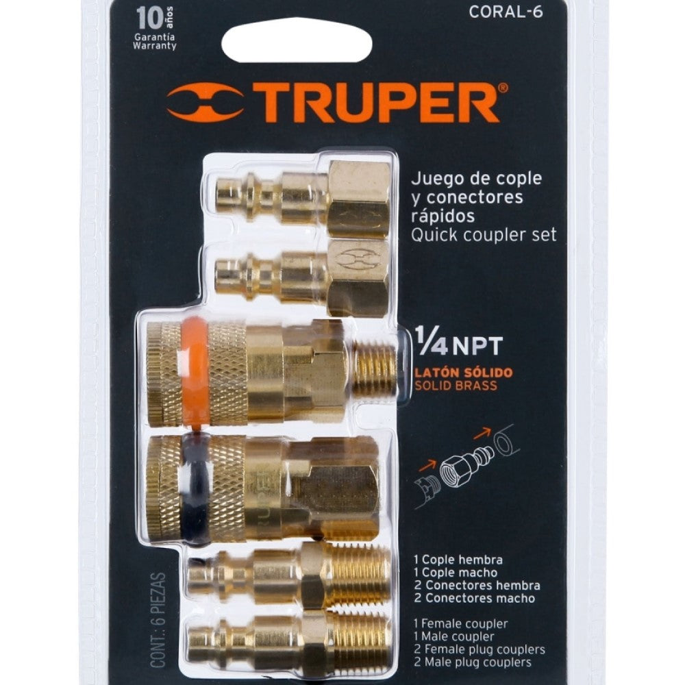 JUEGO DE 4 CONECTORES Y 2 COPLES PARA COMPRESOR DE AIRE MCA TRUPER