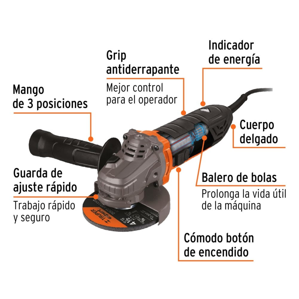 ESMERILADORA ANGULAR 4-1/2" ERGO PRO 800 W ERGO-4580 TRUPER HERRAMIENTAS