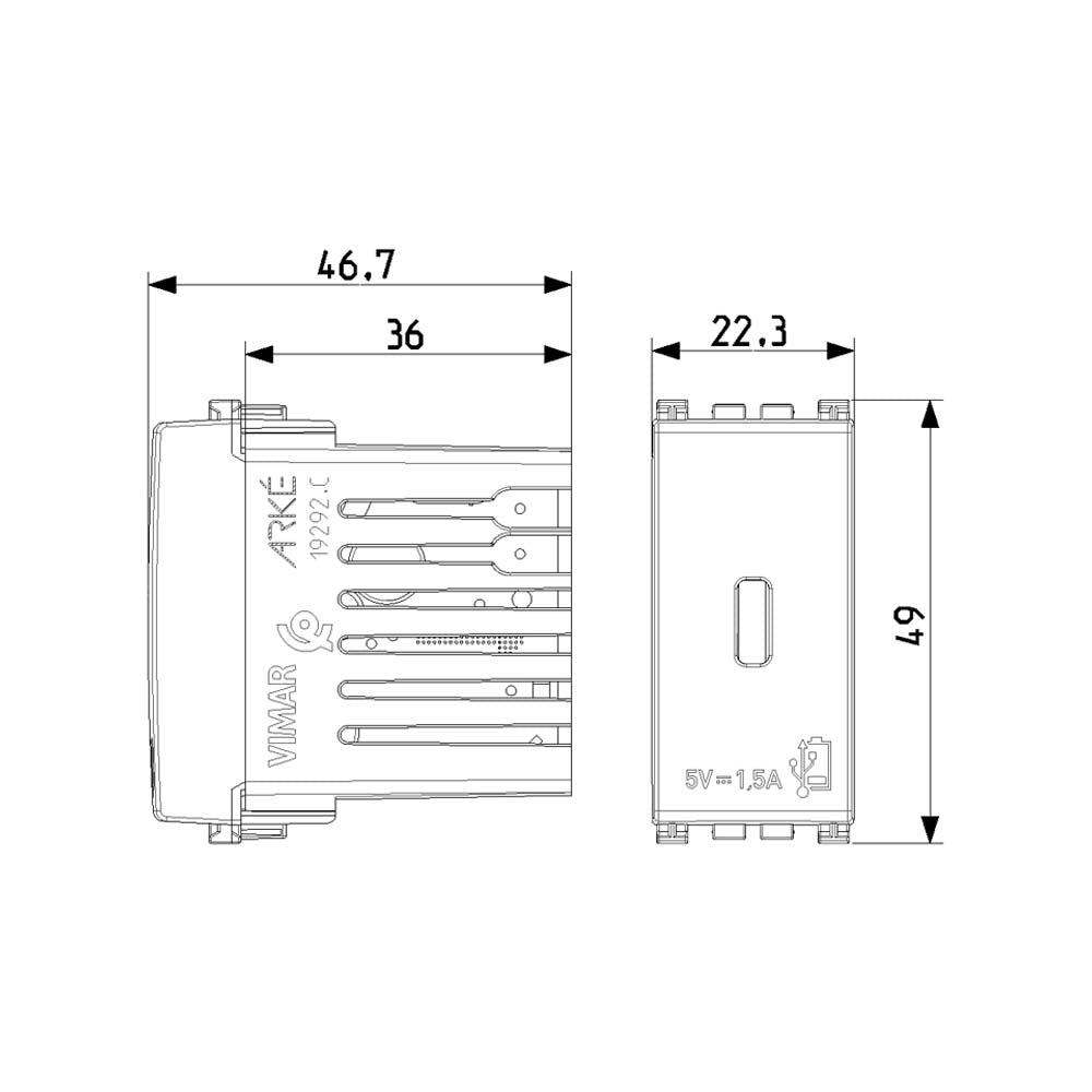 UNIDAD ALIMENTACION USB 5V. 1.5A. 1 MOD. 120-240V. GRIS PLANA VIMAR