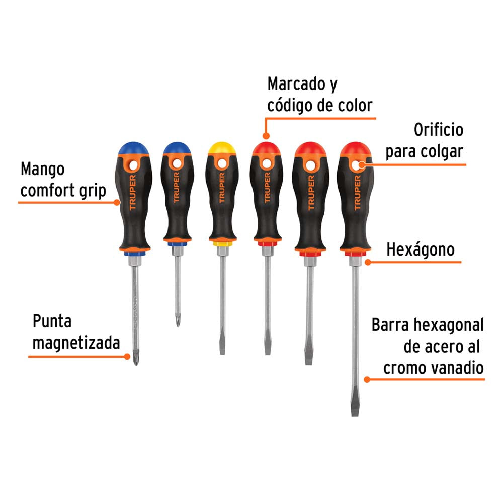 JUEGO DE 6 DESARMADORES MANGO COMFORT GRIP DTJ-6B TRUPER