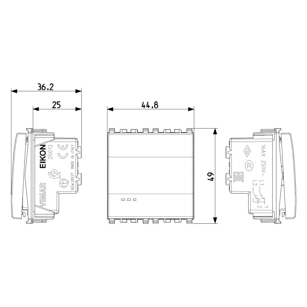 INTERRUPTOR CRUZADO 1P 16AX 2 MODULOS GRIS EIKON VIMAR