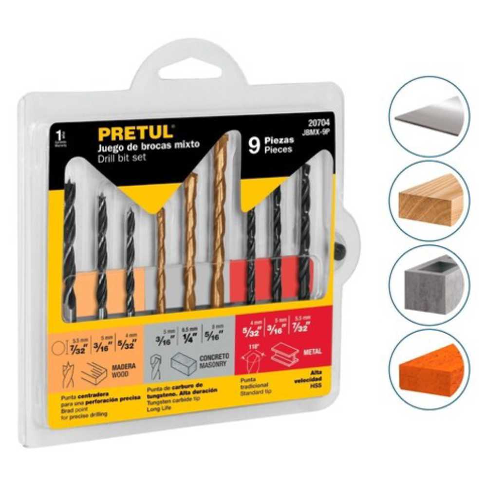 JUEGO DE BROCAS MIXTO 9 PIEZAS PRETUL MCA TRUPER PRETUL