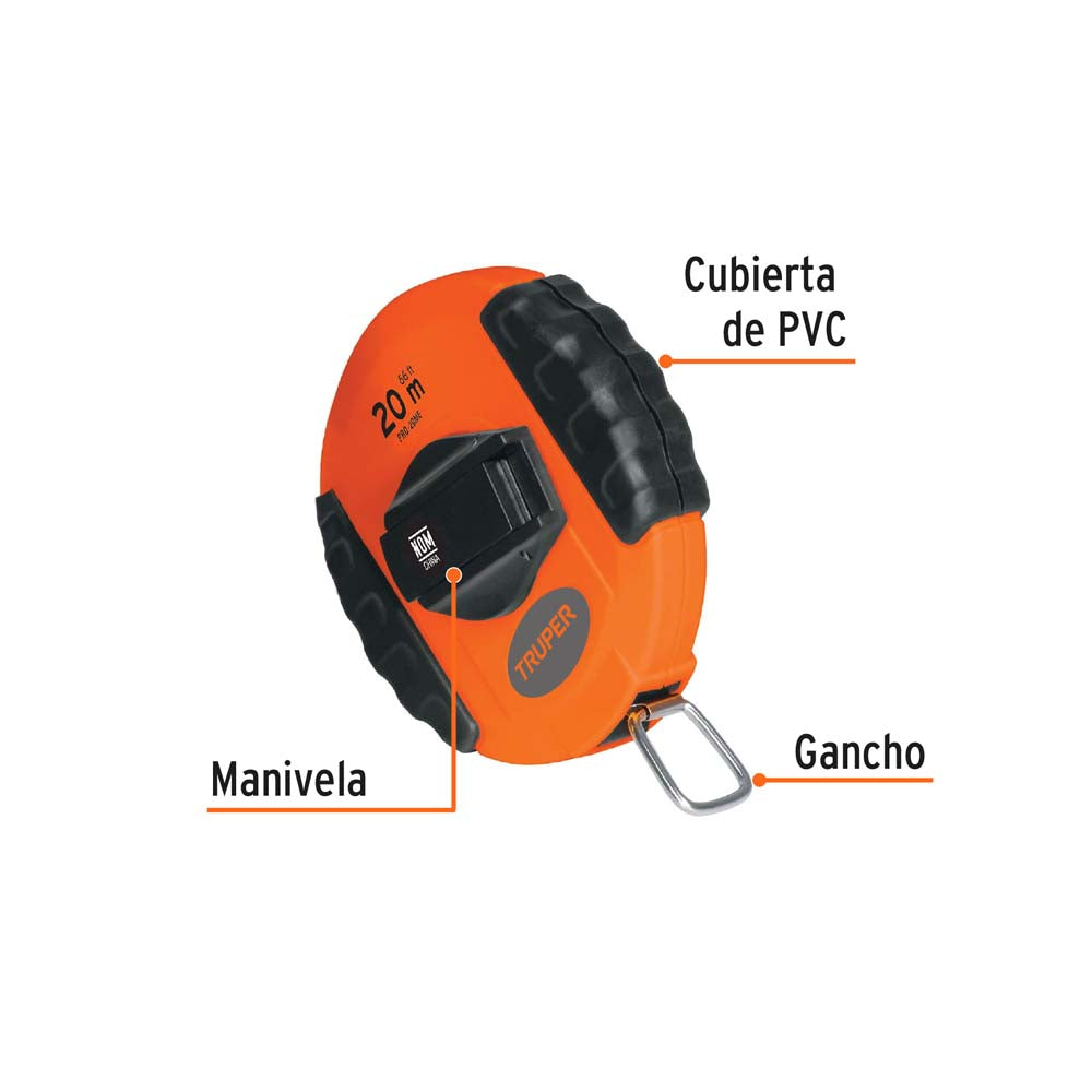 CINTA LARGA CARCASA PLASTICA 20 METROS METALICA PRETUL MCA TRUPER CONSTRUCCION