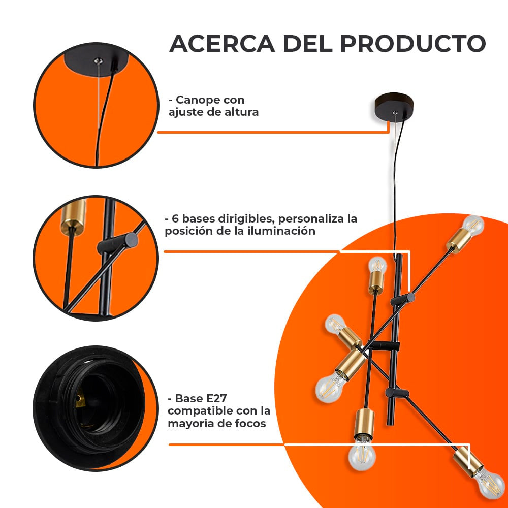 COLGANTE METÁLICO SESTUS TECNOLITE 1.50 METROS DE ALTURA POTENCIA MÁXIMA 360W 6 BASES E27 NO INCLUYE FOCOS