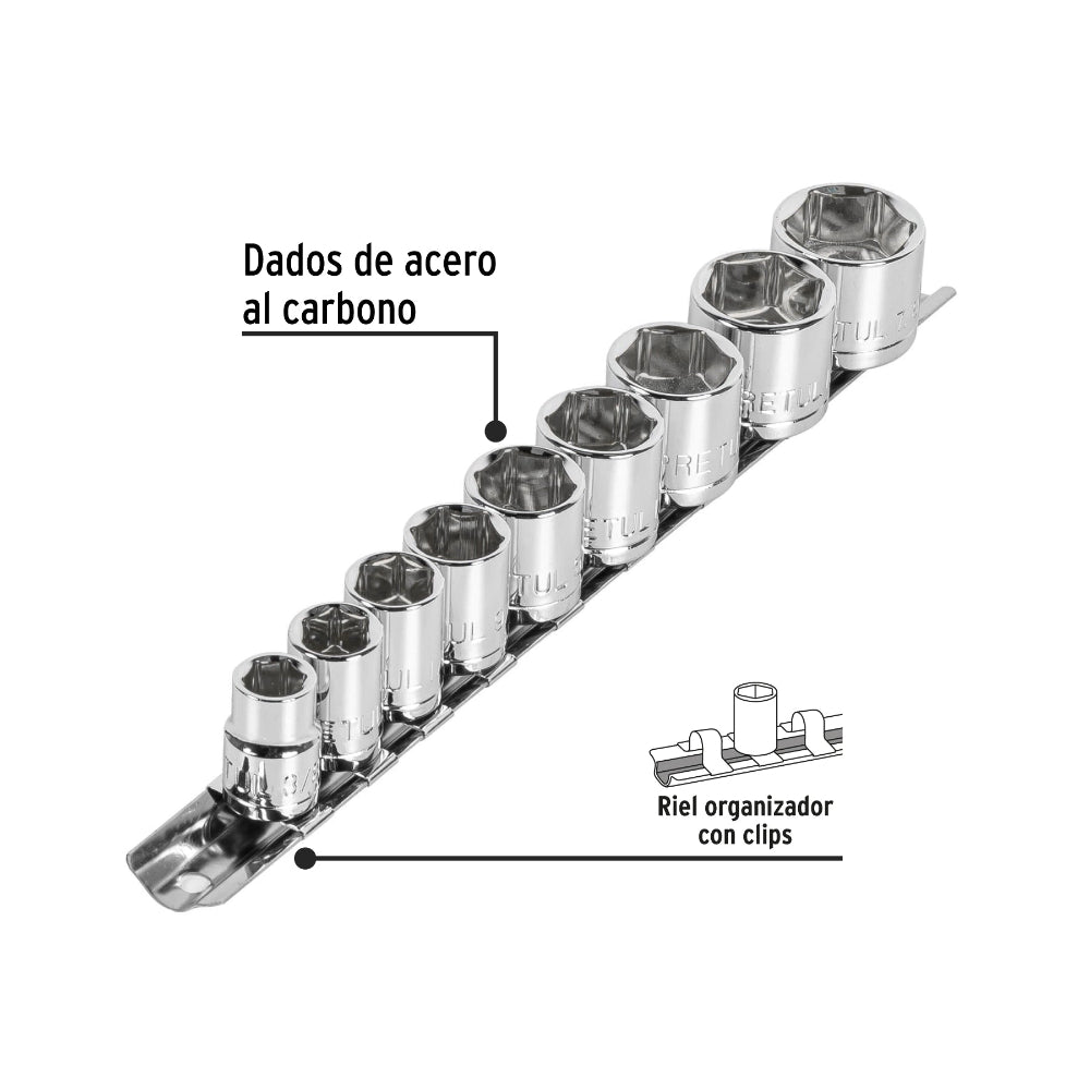 JGO. 9 DADOS 6 PUNTAS STD. 3/8" - 7/8" 21185 JD-3/8X10SAE-P TRUPER PRETUL