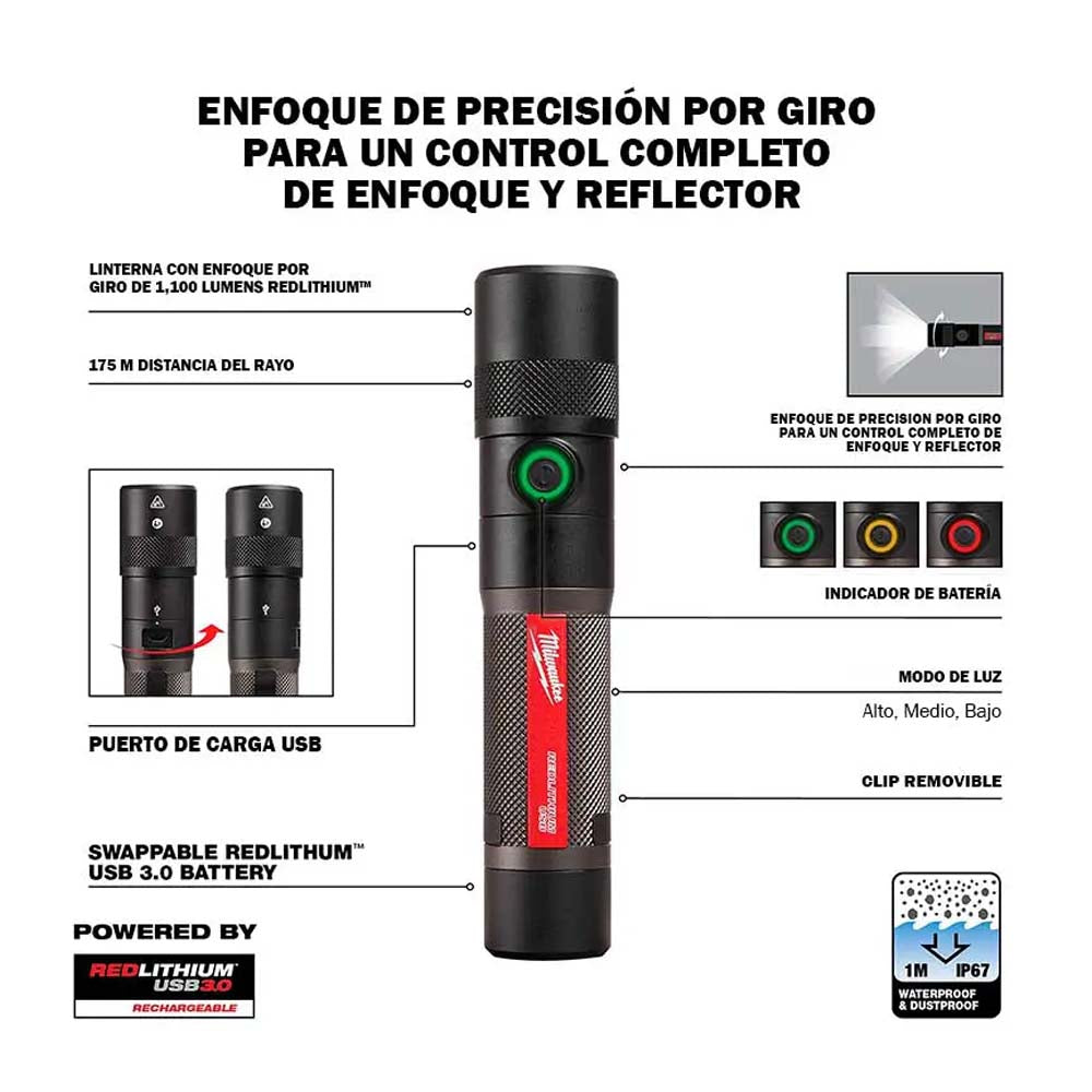 LINTERNA DE MANO LED DE ENFOQUE GIRATORIO 1100 LUMENES RECARGABLE USB REDLITHIUM BATERIA USB REDLITHIUM CABLE USB C MILWAUKEE