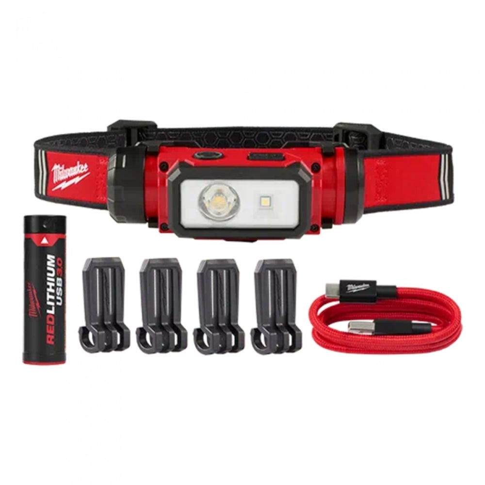 LINTERNA PARA CASCO 600 LUMENES RECARGABLE USB REDLITHIUM BATERIA USB REDLITHIUM CABLE USB C 4 CLIP PAREA CASCO MILWAUKEE
