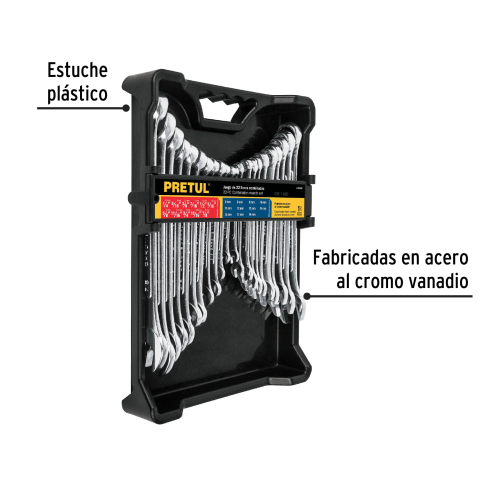 JUEGO DE 22 LLAVES COMBINADAS STD Y MM PRETUL