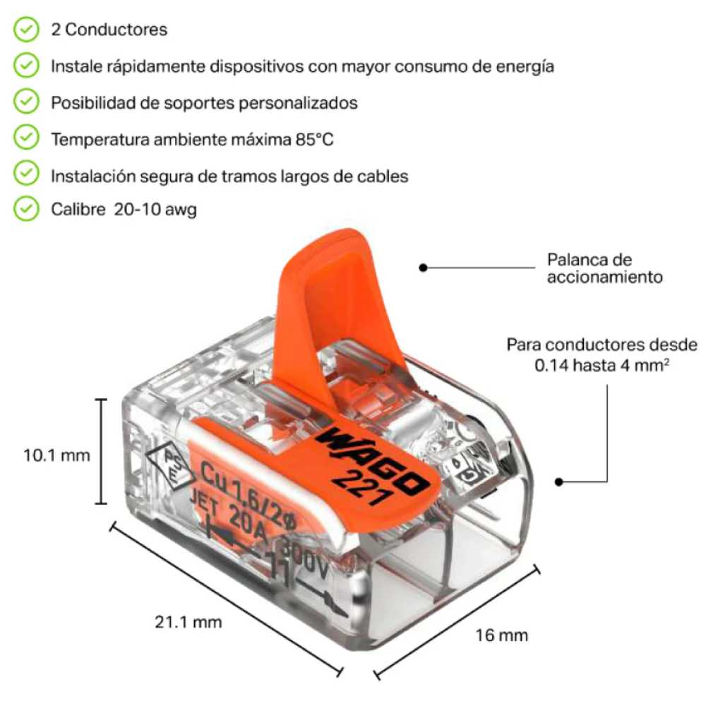 CONECTOR DE EMPALME 2 CONDUCTORES C/PALANCAS DE OPERACION CAL 10 AWG