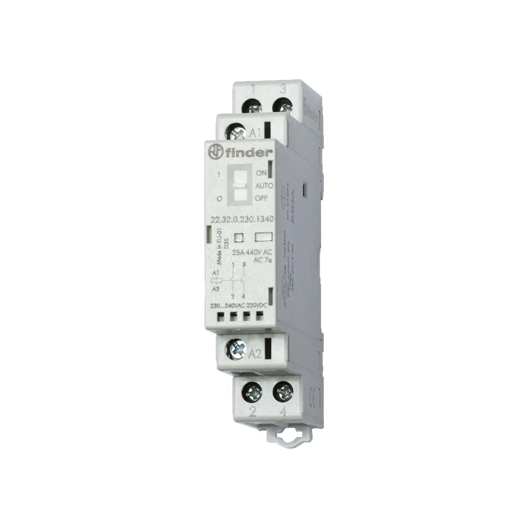 CONTACTOR MODULAR 25A. 2 POLOS 110-125V. AUTO-ON-OFF IND. LED 223201204340 FINDER