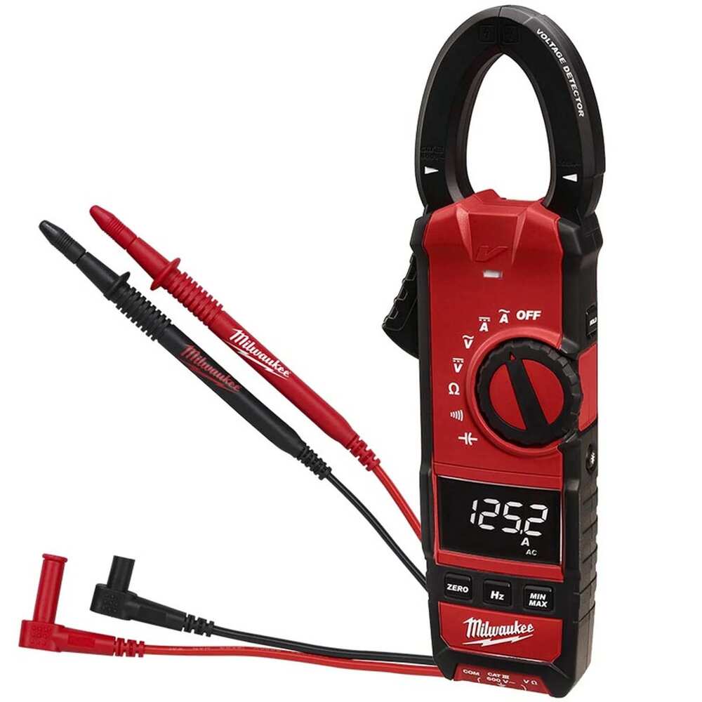AMPERIMETRO DE GANCHO 600A/600V INCLUYE 1 TERMOPAR DOBLE TIPO BANANA DOS BATERIAS AA Y CABLES DE PRUEBA MILWAUKEE