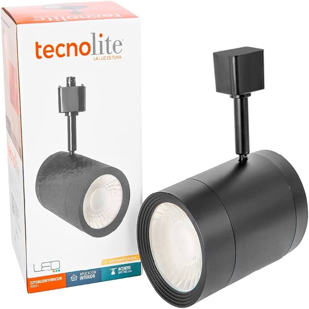 SPOT DE RIEL LED INDUS I TECNOLITE DIRIGIBLE DE INTERIOR 22W LUZ SUAVE CÁLIDA NEGRO