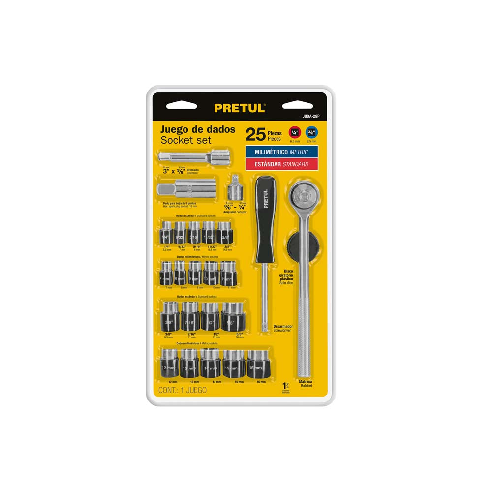 JGO. DADOS CUADRO 1/4" Y 3/8" 25PZS. PRETUL