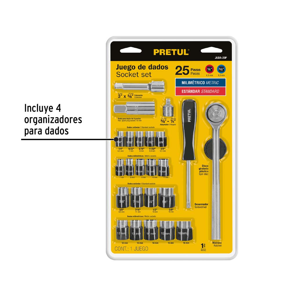 JGO. DADOS CUADRO 1/4" Y 3/8" 25PZS. PRETUL